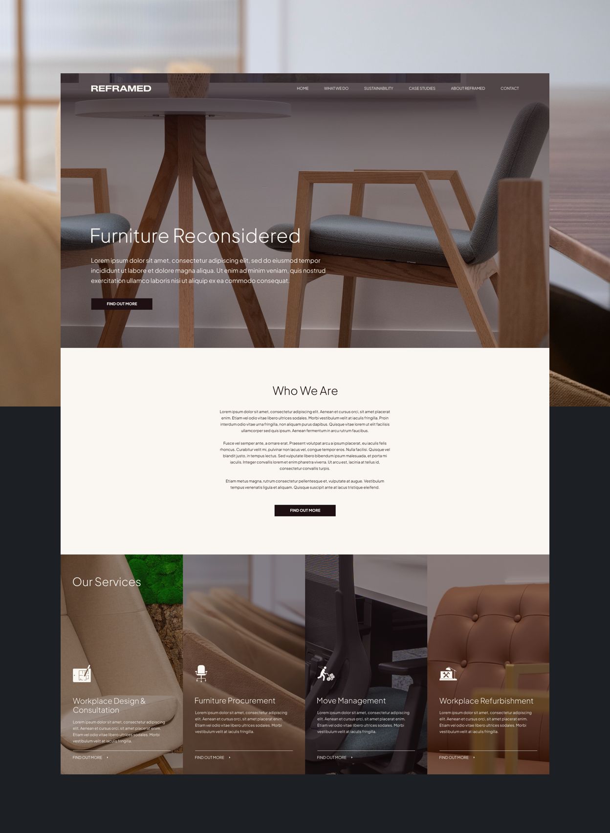 Reframed Furniture hero section by Sussex Web Designs Sussex website design showing the Reframed Furniture hero section with commercial furniture imagery