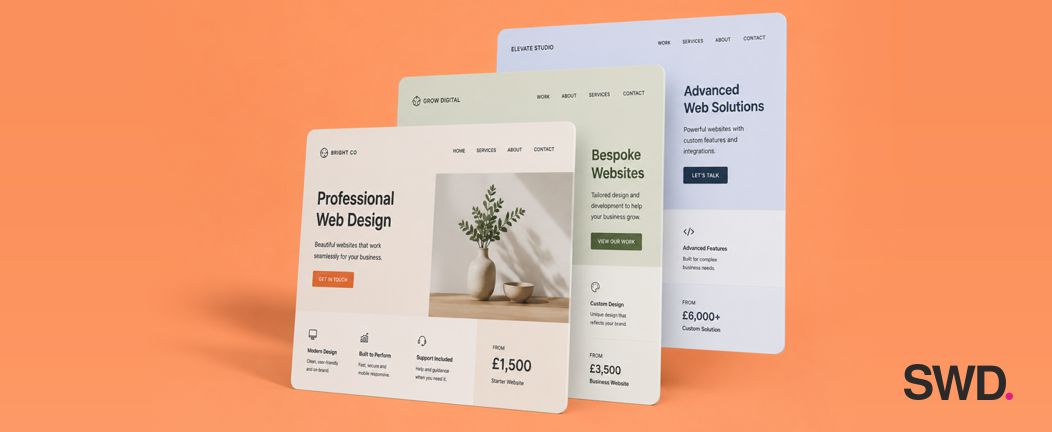 Layered website designs showing different UK website price levels in 2026