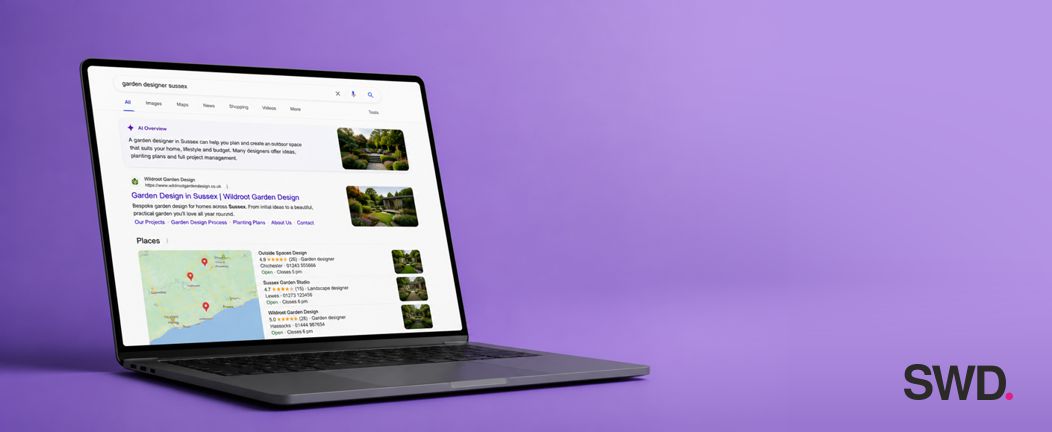 Search results displayed on a laptop for a Sussex website design and SEO article